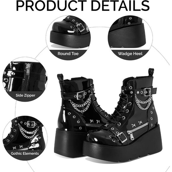 Women Polyurethane Blackpatent Wedge Round Toe Buckle Leather Platform Boots - Picture 5 of 7